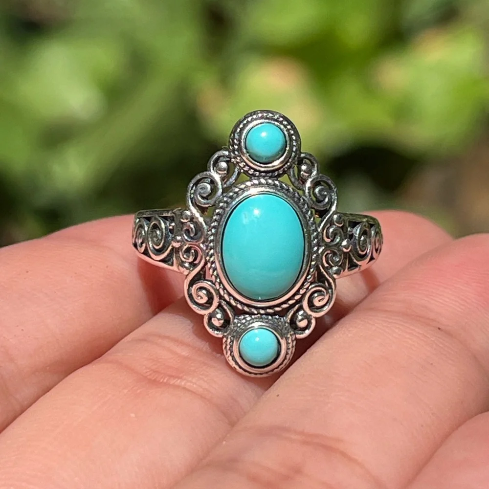 Sterling silver adjustable three stones turquoise ring‎